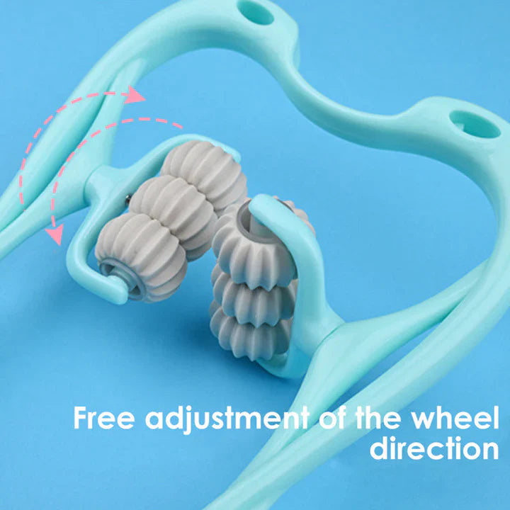 "Nackenmassagegerät mit 6 Rollen, ergonomisches Design, hellblau, für effektive Druckpunktmassage gegen Verspannungen."