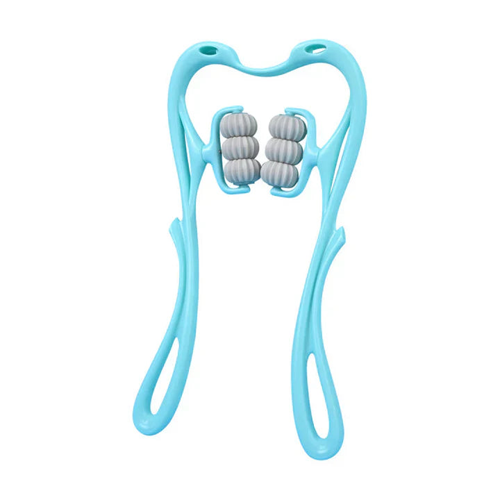 "Nackenmassagegerät mit 6 Rollen, ergonomisches Design, hellblau, für effektive Druckpunktmassage gegen Verspannungen."