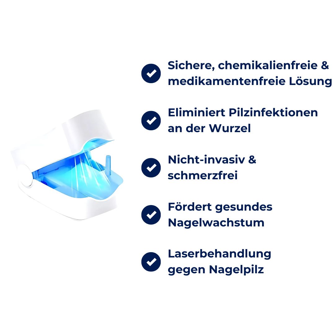 "Nagelpilz-Lasergerät für schmerzfreie Anwendung, Nahaufnahme, modernes Design, fördert gesunde Nagelregeneration."