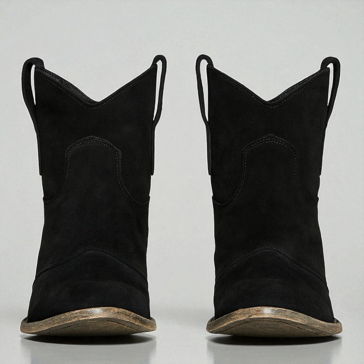 Modische Damen-Stiefeletten mit Western-Stickerei und Blockabsatz für Alltag und Trend.