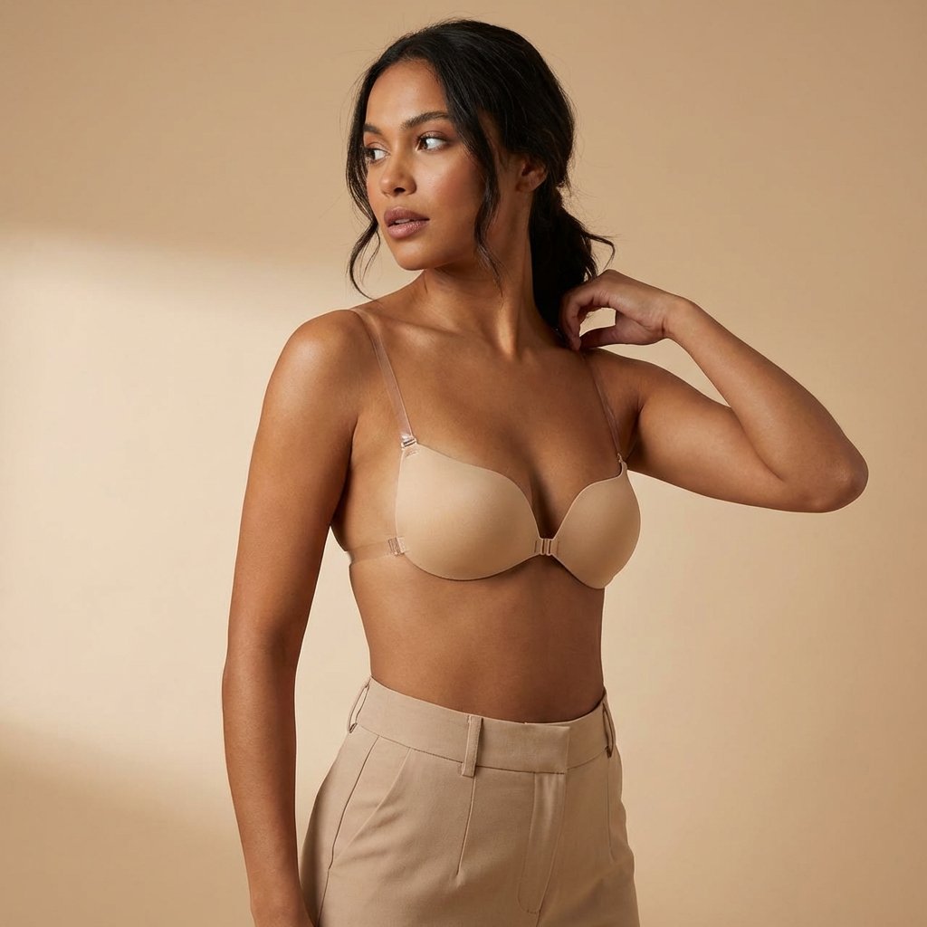 Damen nahtloser BH in Nude mit transparenten Trägern, bietet Halt und ist unter Kleidung unsichtbar