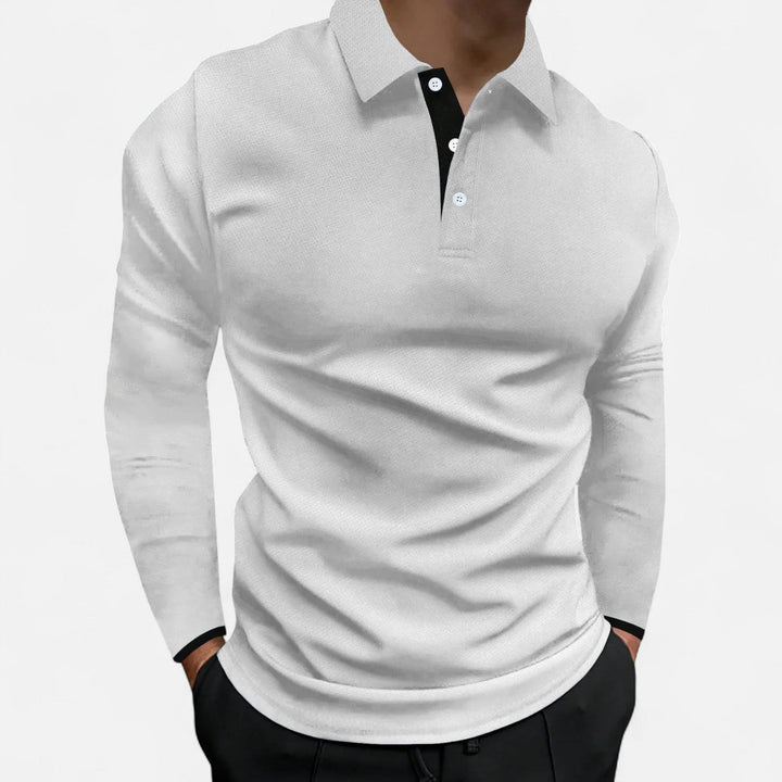 Herren Langarm Poloshirt in Weiss mit Kontrastdetails