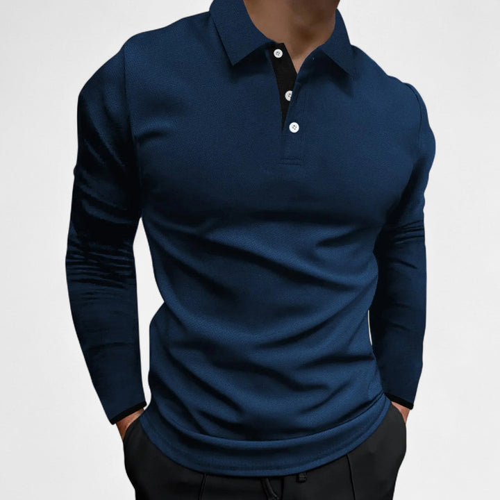 Schwarzes Herren Poloshirt Langarm mit modernen Kontrastdetails an Kragen und Knopfleiste
