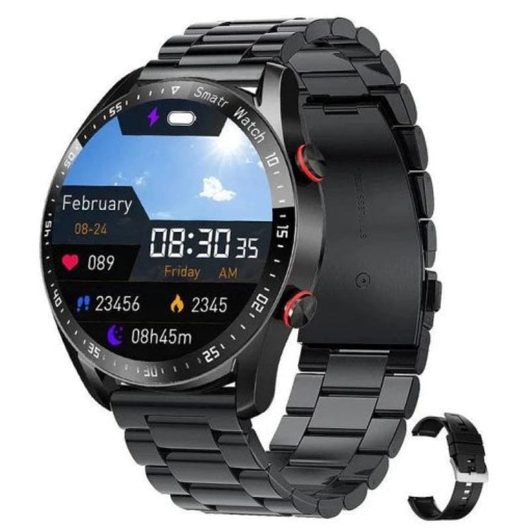 Nicht-invasive Smartwatch mit BZ-Messung, Lederarmband, 1,28-Zoll-Bildschirm, ideal für Gesundheits- und Fitnessüberwachung.