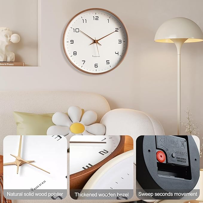 "Nordische Holzwanduhr aus nachhaltigem Holz, minimalistisches skandinavisches Design, rund, in Braun und Creme erhältlich"
