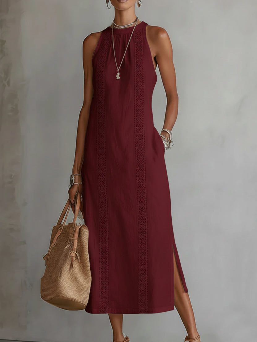 Elegantes Sommerkleid mit Stehkragen in der Totalen