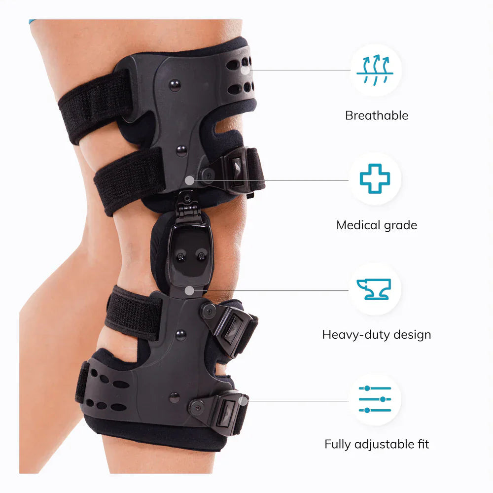 Orthopädische Kniebandage gegen Arthrose, reduziert Druck und lindert Schmerzen, verstellbar, leicht und atmungsaktiv.