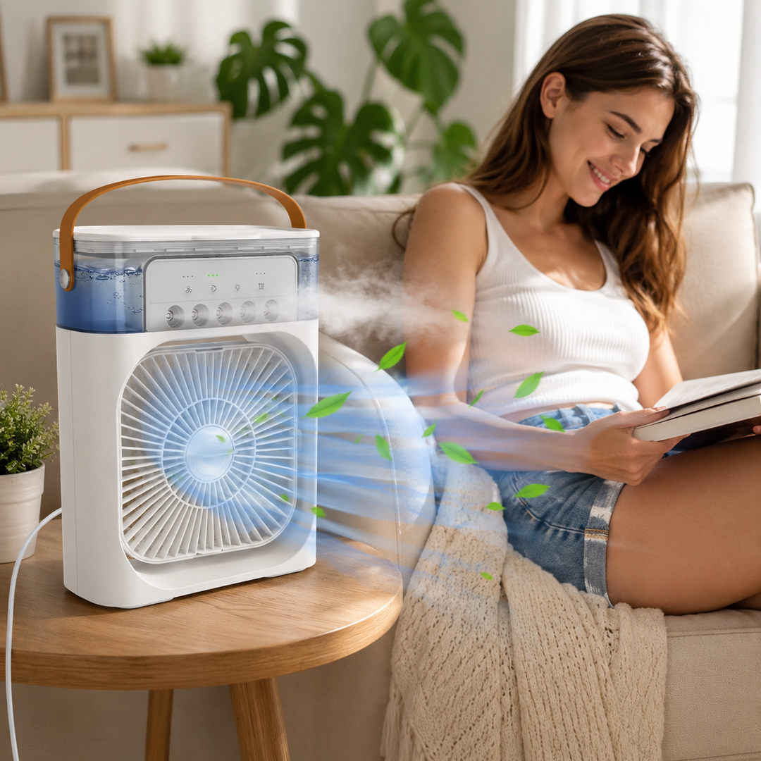 Persönlicher Mini Luftkühler für schnelle Erfrischung im Büro oder Schlafzimmer. Tragbarer USB Ventilator.