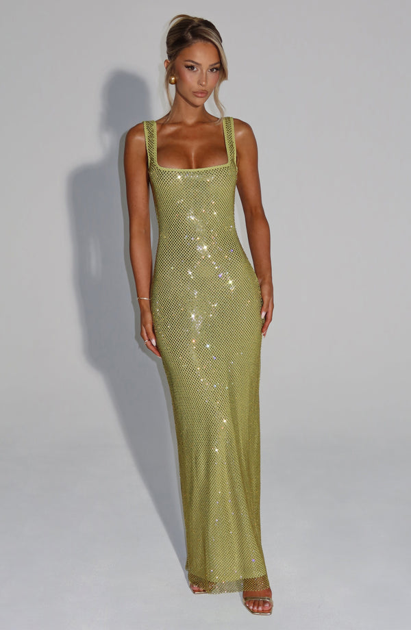 Schickes festliches Maxikleid für Damen, geeignet als Hochzeitsgastkleid oder elegantes Abendkleid mit Strass.