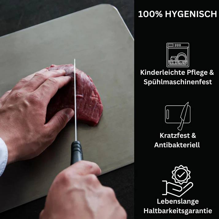 Detailaufnahme des Titan-Schneidebretts, zeigt die glatte, messerschonende und hygienische Oberfläche.
