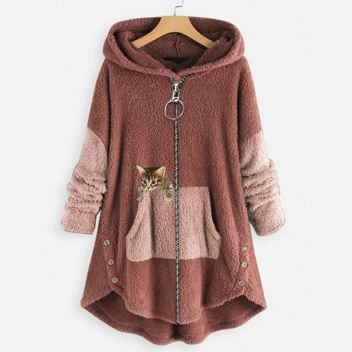 Damen Teddy Hoodie in Beige mit Kapuze und Kängurutasche im Winter