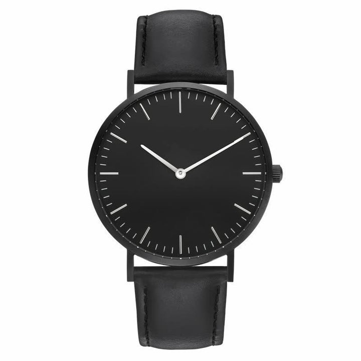 Minimalistische schwarze Armbanduhr mit Lederarmband, elegantes Design, Unisex-Uhr.