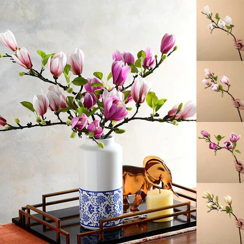 Realistische künstliche Magnolienzweige aus Seide, elegante Dekoration, lebensecht, langanhaltende Schönheit, Home & Garden.