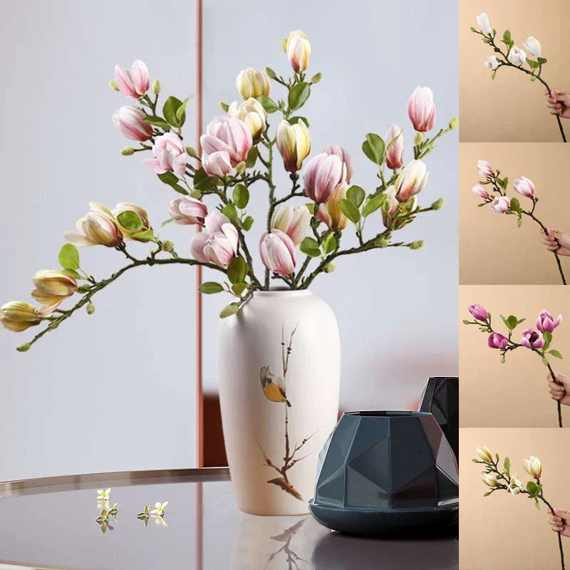 Realistische künstliche Magnolienzweige aus Seide, elegante Dekoration, lebensecht, langanhaltende Schönheit, Home & Garden.