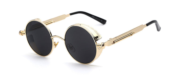"Retro Herren Sonnenbrille aus Acetat mit UV-Schutz, goldener Rahmen, blaue Gläser, stilvolles und langlebiges Design."