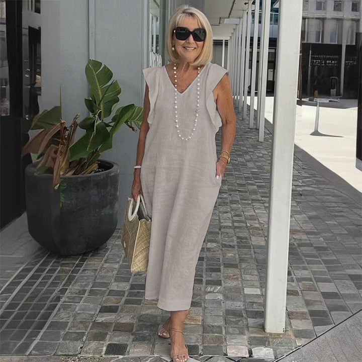 Ärmelloses V-Ausschnitt Sommerkleid für Damen. Leichtes, luftiges Freizeitkleid, perfekt für warme Tage.