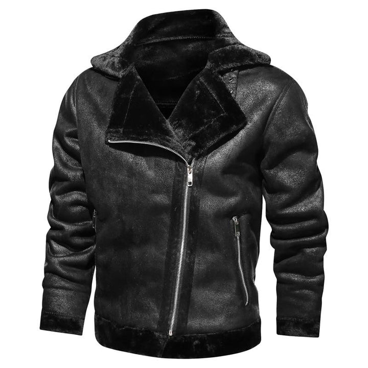 Robuste Herren Winter Bikerjacke in Schwarz mit Stehkragen & Reißverschluss für warme Kälte-Mode.