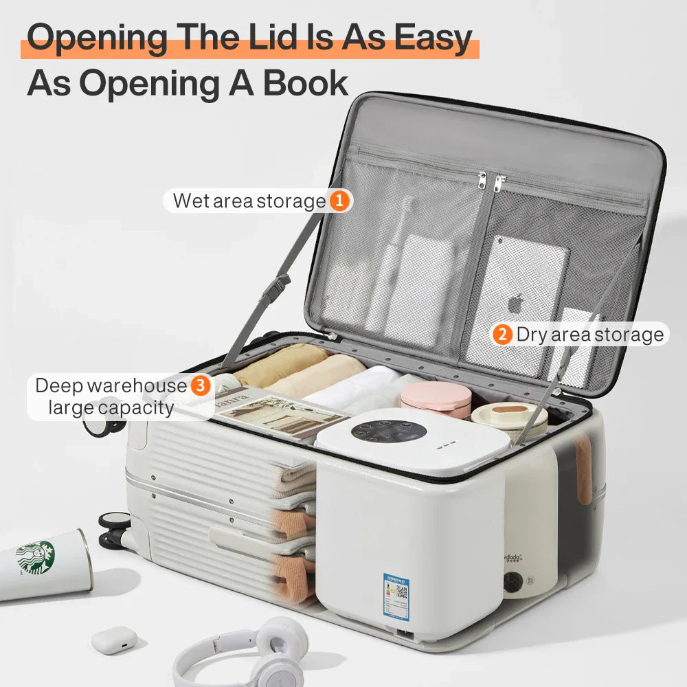 Vielseitiger Trolley mit robustem Gehäuse, USB-Port und ausziehbarem Getränkehalter. Ideal für Flugreisen.