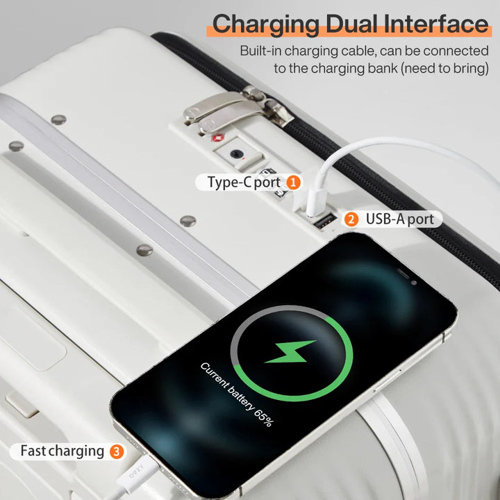 Smartes Handgepäck: Hartschalenkoffer mit USB-Port, Getränkehalter und TSA-Schloss für sichere Reisen.