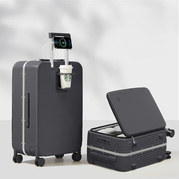 Moderner Reisekoffer mit USB-Ladefunktion, ausziehbarem Getränkehalter und langlebiger Hartschale.