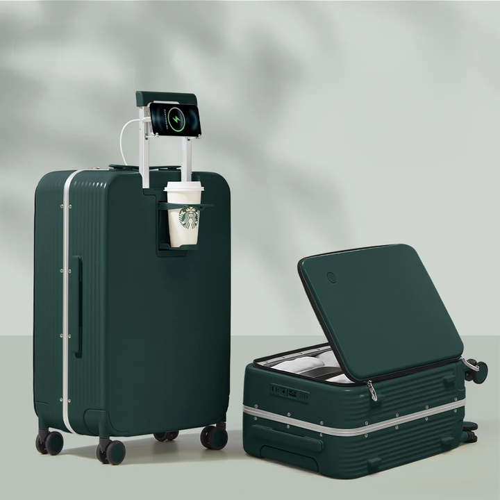 Hochwertiger Hartschalen-Trolley mit integriertem USB-Port und klappbarem Getränkehalter. Perfekt für Flugreisen.