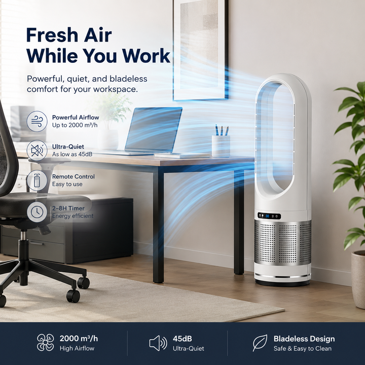 Vielseitiger, kompakter Turmventilator ohne Rotorblätter. Luftkühler mit Fernbedienung für Homeoffice, Schlafzimmer.