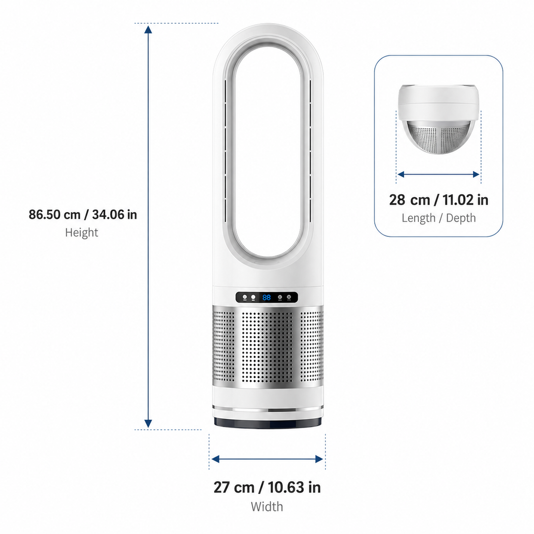 Moderner, kompakter Turmventilator ohne Rotorblätter. Leiser Luftkühler mit Fernbedienung, perfekt für Sommerabende.