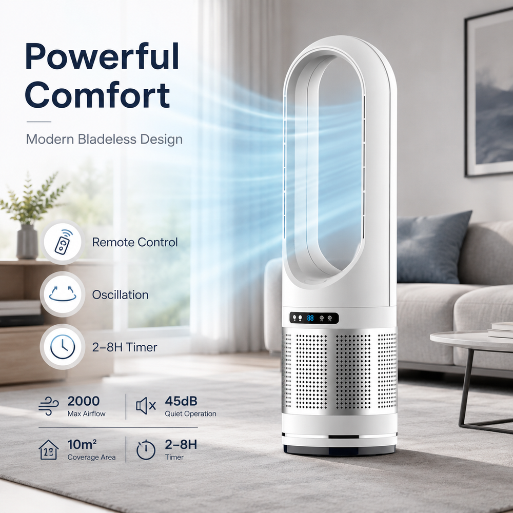Kompakter, rotorblattloser Turmventilator für Schlafzimmer. Leiser Luftkühler mit Fernbedienung für den Sommer.