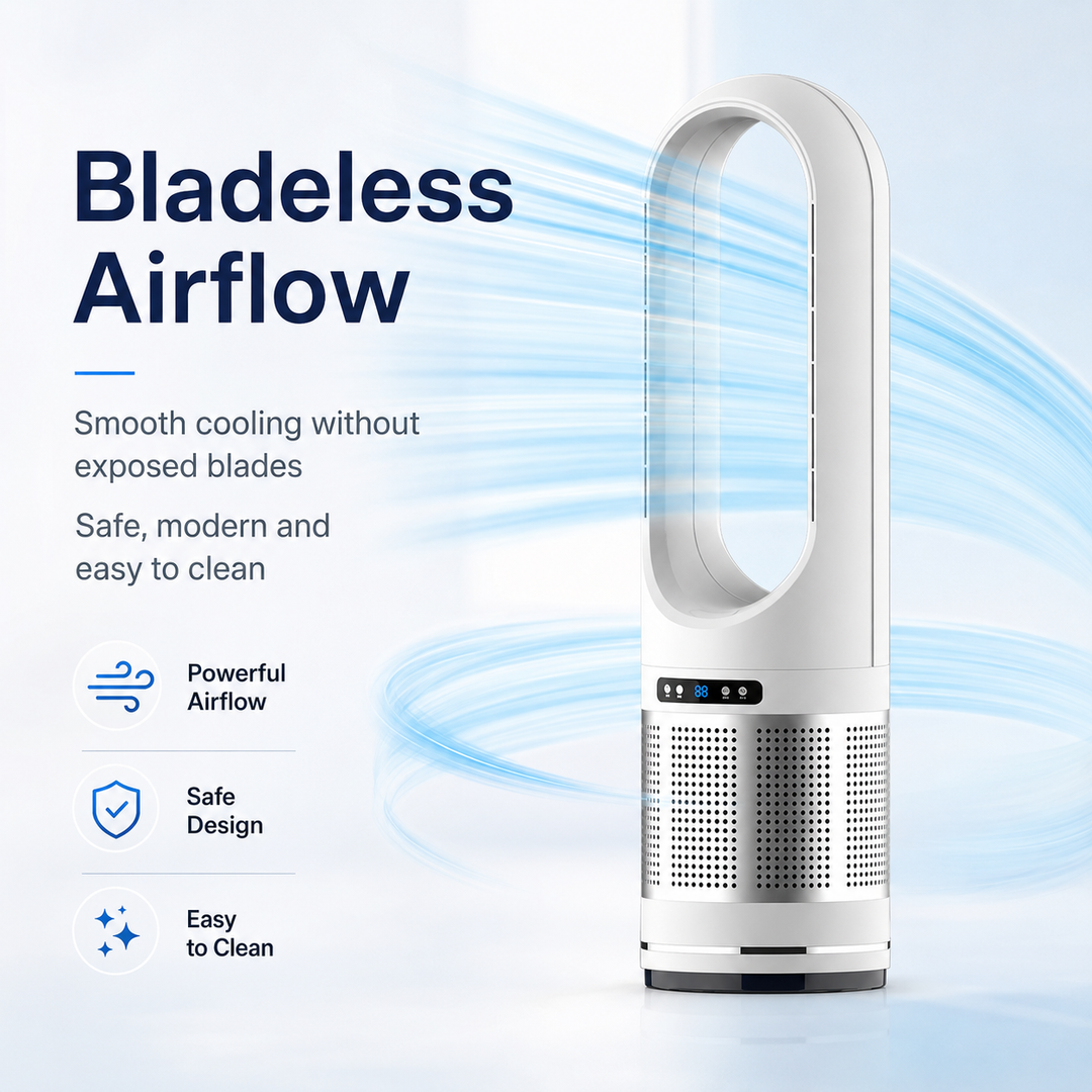 Eleganter Turmventilator mit Fernbedienung. Moderner, rotorblattloser Luftkühler für Homeoffice & Wohnzimmer.