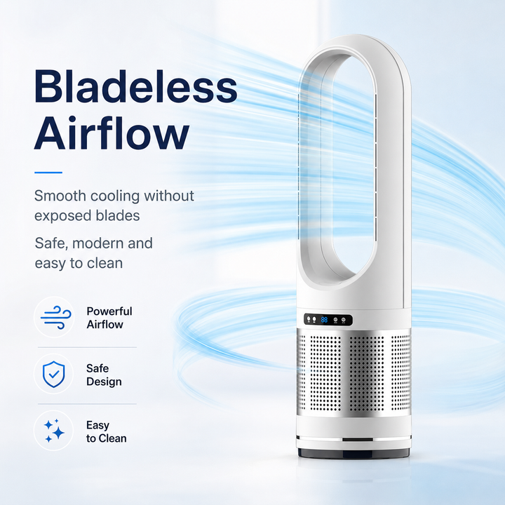 Eleganter Turmventilator mit Fernbedienung. Moderner, rotorblattloser Luftkühler für Homeoffice & Wohnzimmer.