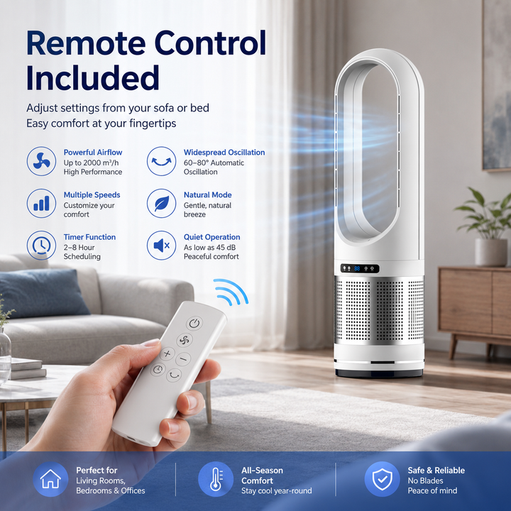 Leiser & kompakter Turmventilator ohne Rotorblätter. Idealer Luftkühler mit Fernbedienung für kleine Räume.