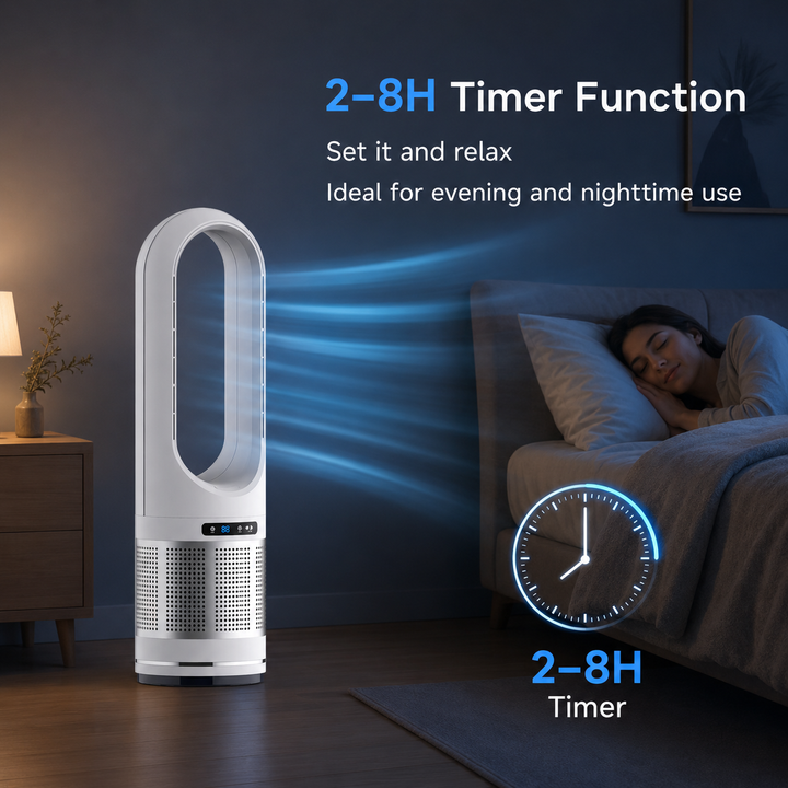 Moderner rotorblattloser Luftkühler im schlanken Design. Turmventilator mit Fernbedienung für warme Sommertage.