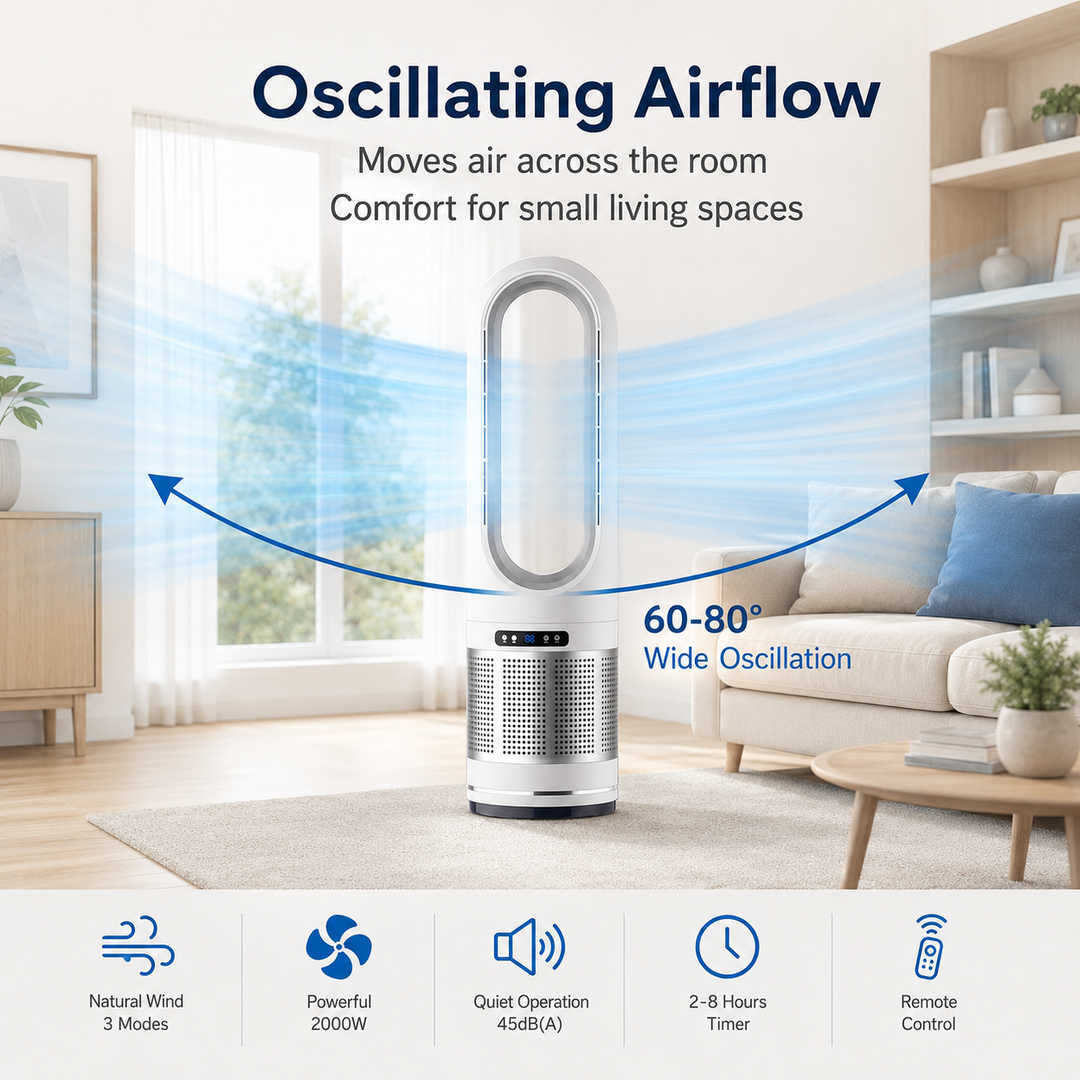 Rotorblattloser Turmventilator mit Fernbedienung für Homeoffice. Leiser Luftkühler, kompakt & modern designed.