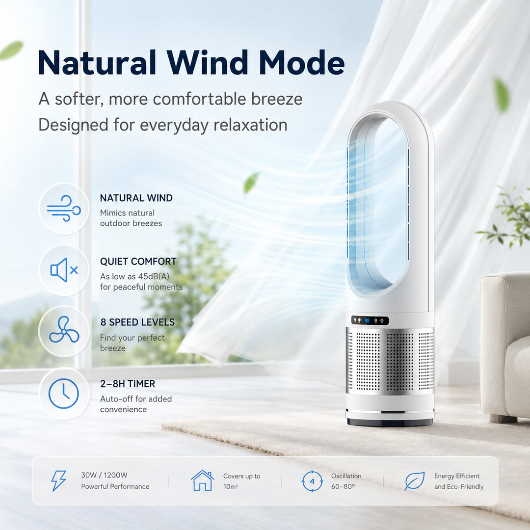Leiser rotorblattloser Turmventilator für Schlafzimmer. Kompakter Luftkühler mit Fernbedienung, modernes Design.