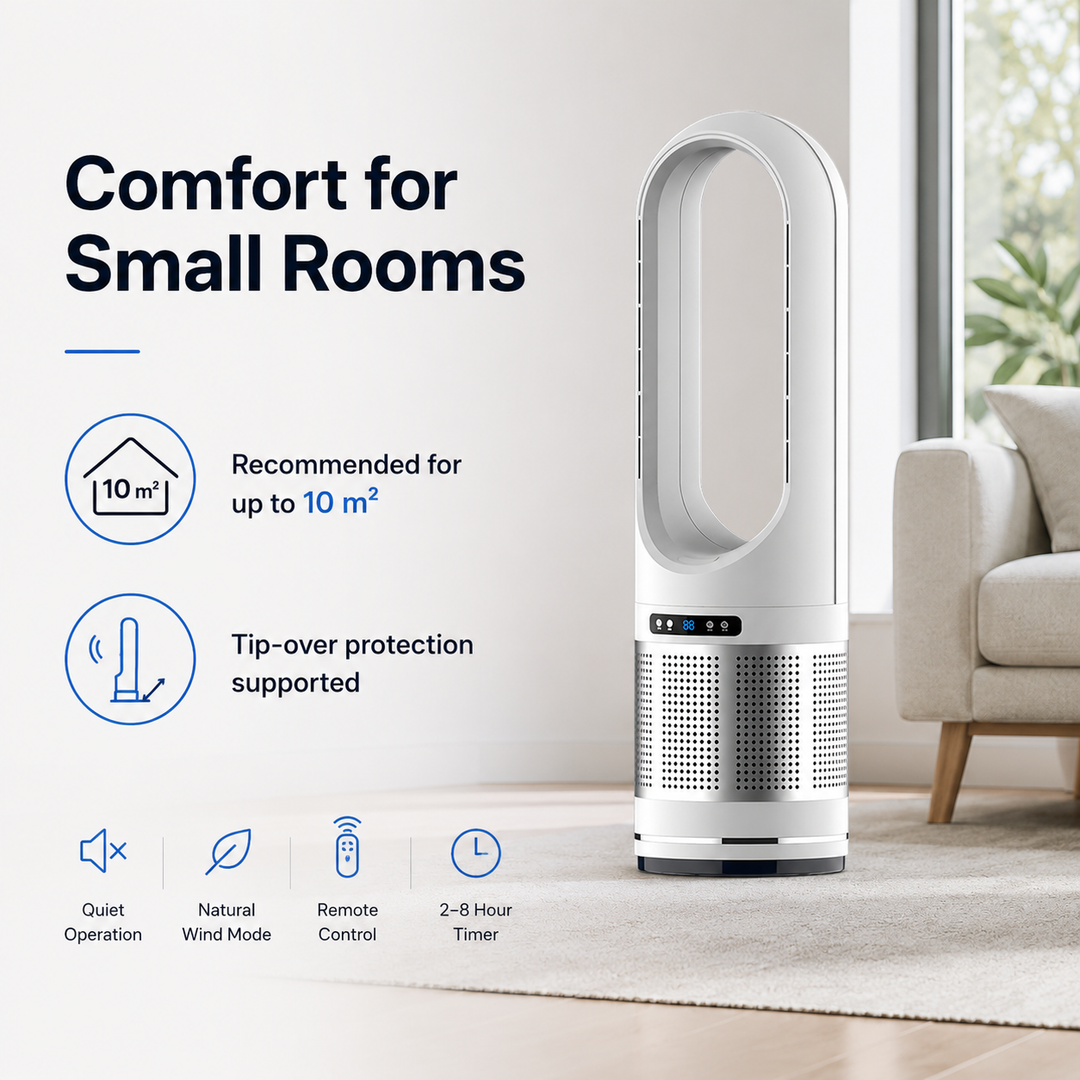 Effizienter rotorblattloser Turmventilator für den Sommer. Luftkühler mit Fernbedienung, leise & energieeffizient.