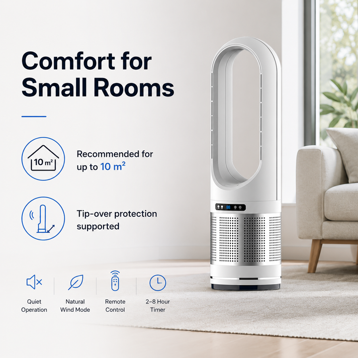 Effizienter rotorblattloser Turmventilator für den Sommer. Luftkühler mit Fernbedienung, leise & energieeffizient.