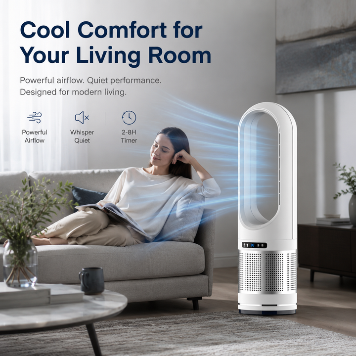 Sicherer, rotorblattloser Turmventilator mit Fernbedienung. Moderner Luftkühler für Komfort im Sommer, stilvoll.