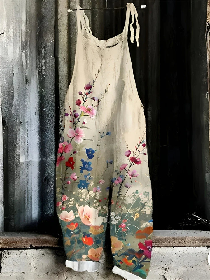 Damen Boho Jumpsuit mit Blumenwiese Print im Vintage Stil