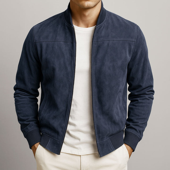 Blaue Slim Fit Bomberjacke für Herren. Vielseitige Übergangsjacke, ideal für stilvolle Freizeitlooks.