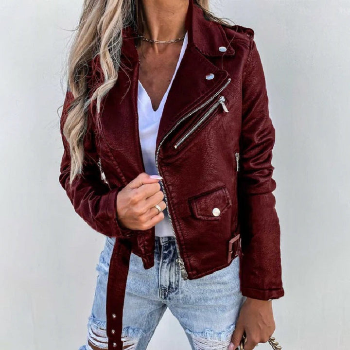 Elegante Damen Bikerjacke mit modernem Schnitt und Reverskragen. Perfekte Übergangsjacke für Frühling und Herbst.