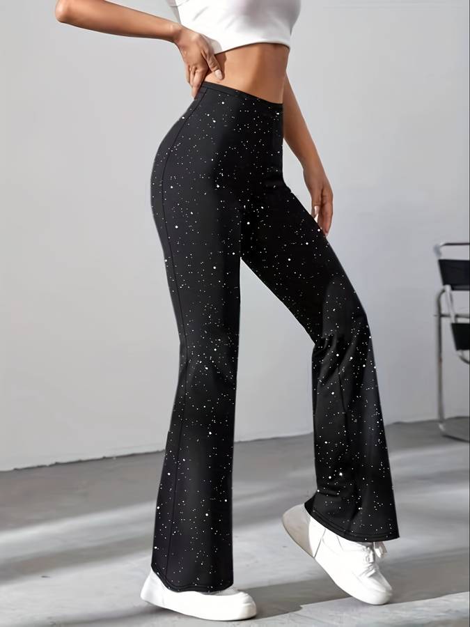 Funkelnde schwarze Damen Glitzer Schlaghose mit High Waist. Glamouröser Look für Partys.