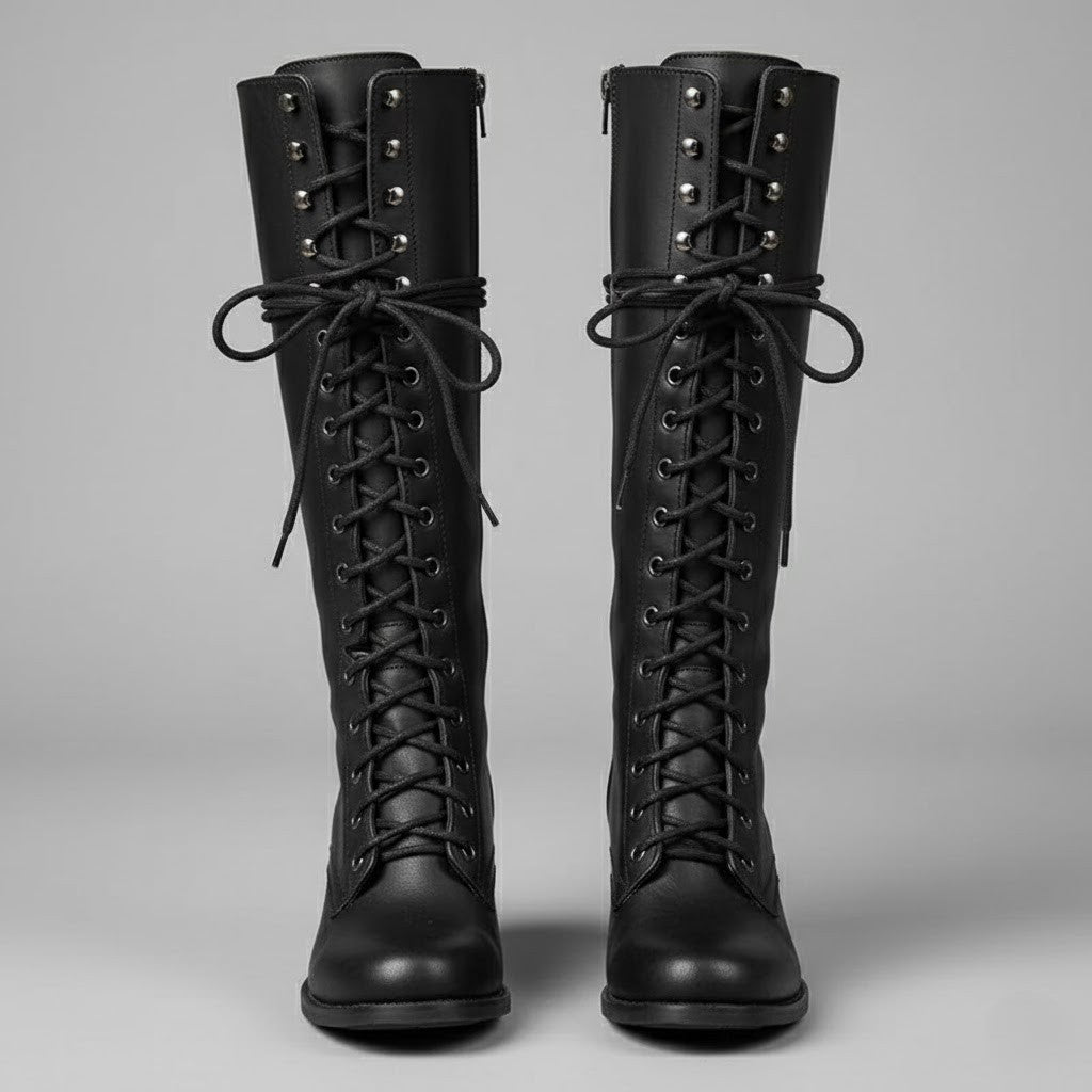 Schwarze Damen Kniehohe Schnürstiefel mit bequemem Blockabsatz, ideal für Herbst & Winter.