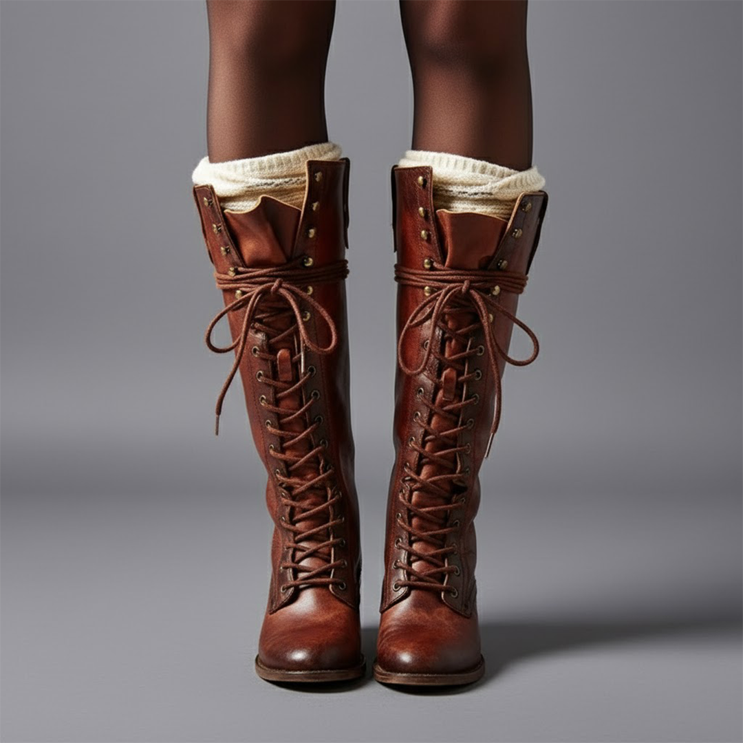 Elegante Damen Schnürstiefel, kniehoch und mit schickem Blockabsatz. Ein Must-Have der Frauenmode.