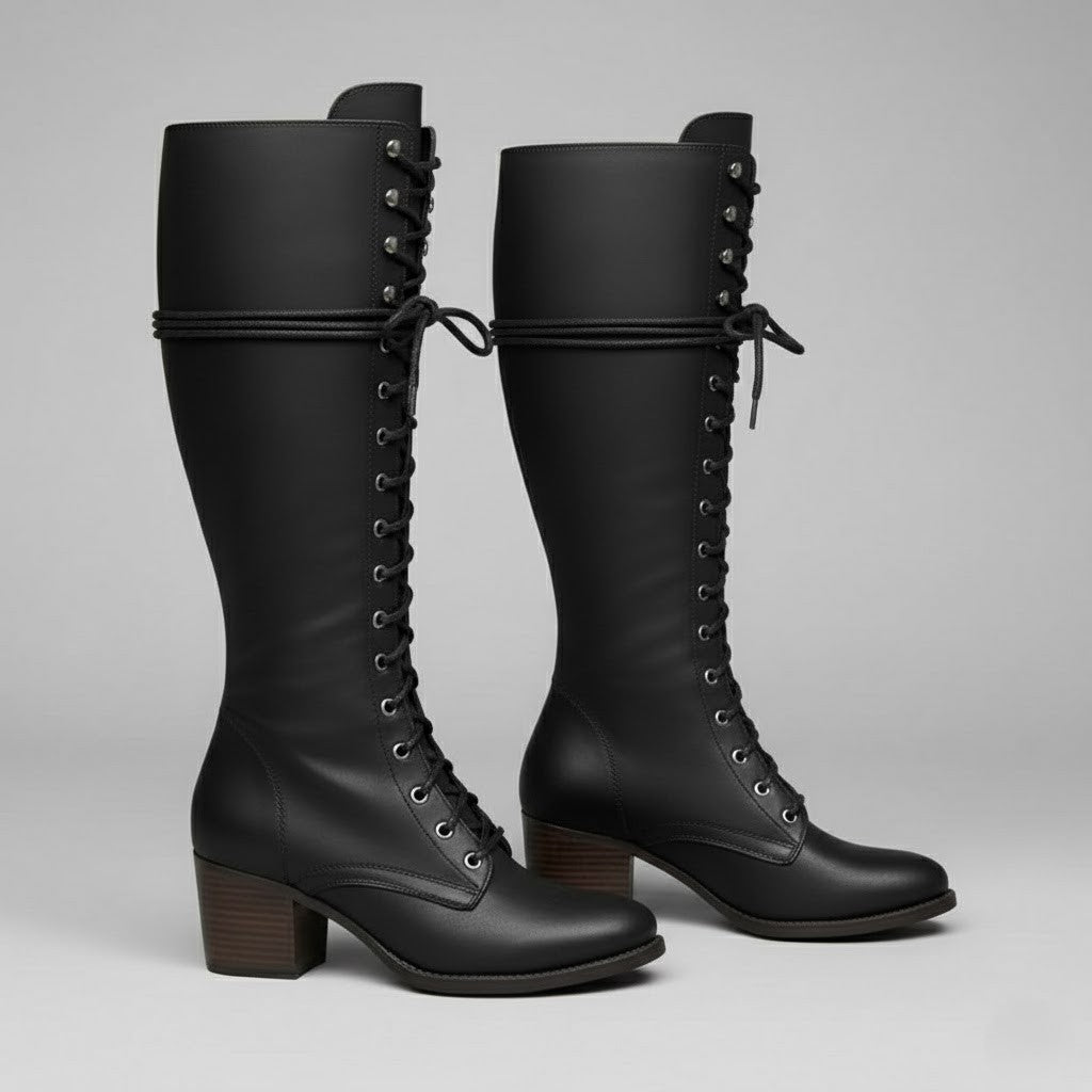 Elegante Damen Kniehochstiefel mit Schnürung und stabilem Blockabsatz. Perfekte Winterschuhe.