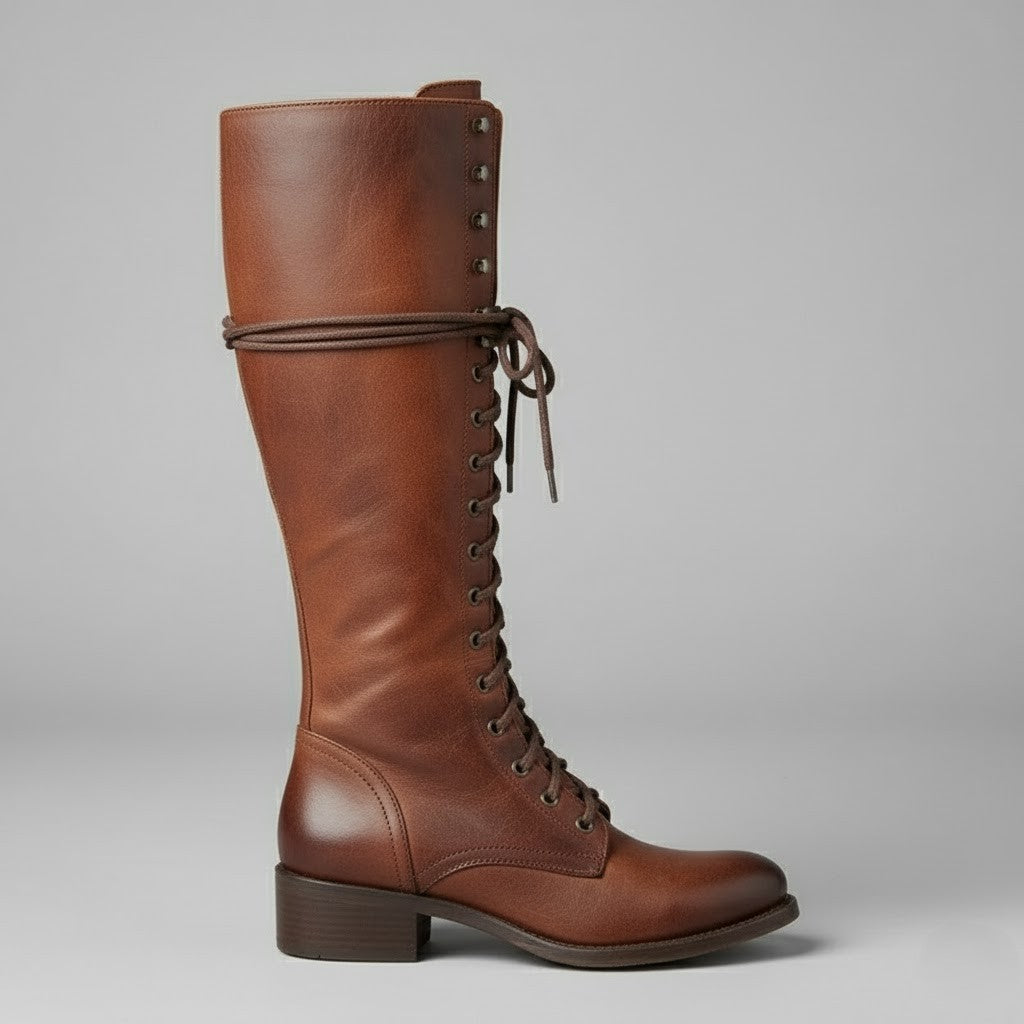 Hochwertige Damen Kniehochstiefel mit Schnürung und komfortablem Blockabsatz. Elegante Schuhe.