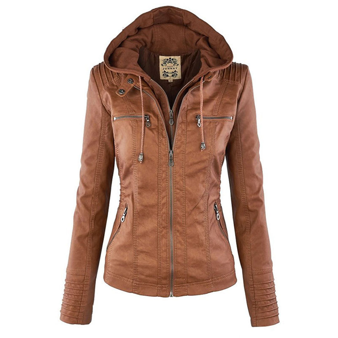 Elegante schwarze Damen Kapuzenjacke mit Lederlook. Perfekt für modische Damen als Freizeitjacke & Jacke.