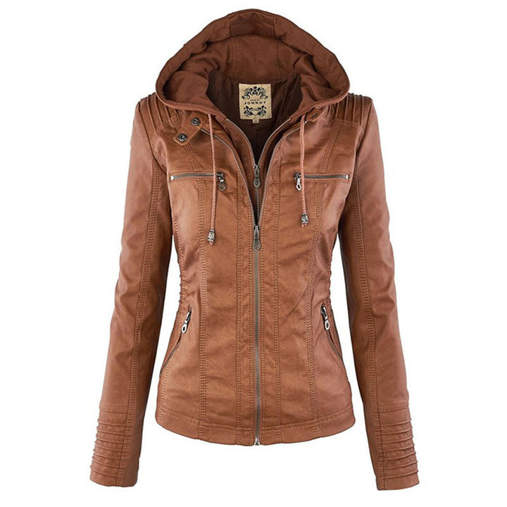 Elegante schwarze Damen Kapuzenjacke mit Lederlook. Perfekt für modische Damen als Freizeitjacke & Jacke.