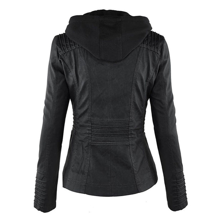 Schwarze Damenjacke mit Kapuze aus Kunstleder. Übergangsjacke im modischen, eleganten Lederlook für Damen.