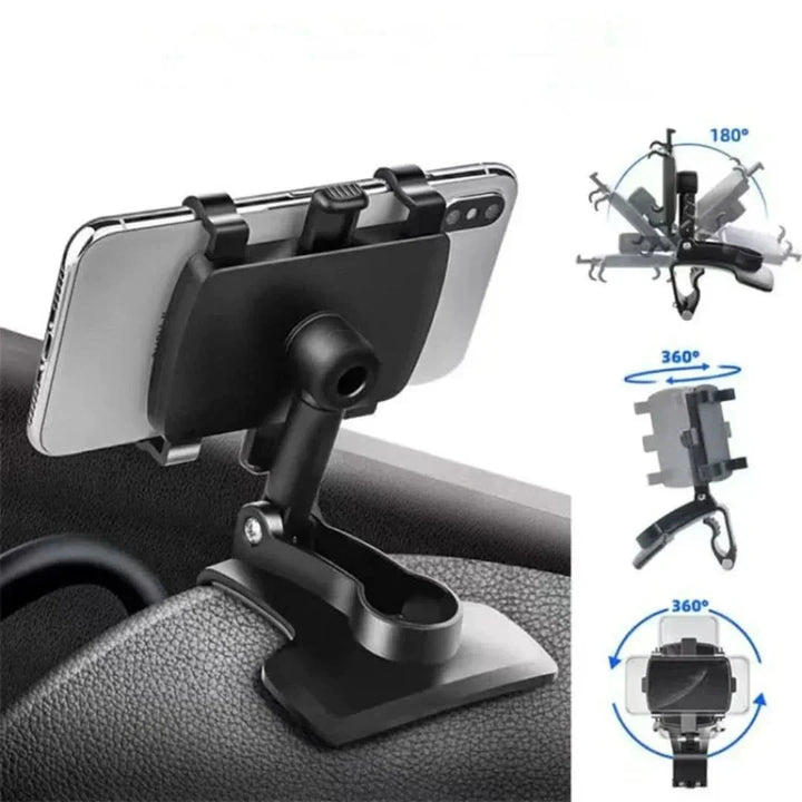 Schwarze, drehbare Dashboard-Telefonhalterung mit flexibler 360°-Funktion, bietet sicheren Halt für Smartphones im Auto.