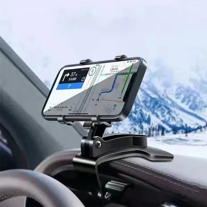 Schwarze, drehbare Dashboard-Telefonhalterung mit flexibler 360°-Funktion, bietet sicheren Halt für Smartphones im Auto.